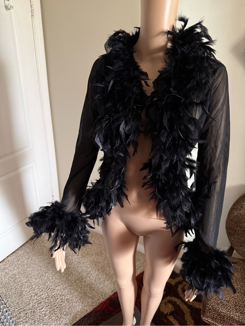 George Sheer Black ostrich Feather-Trim Robe Jacket